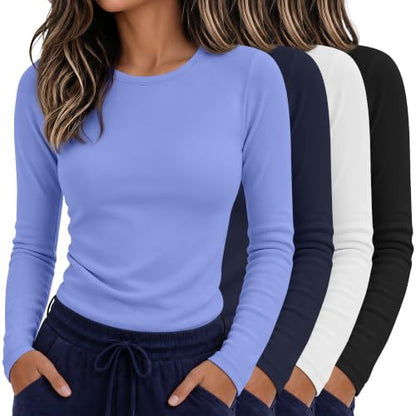 4 Pack Womens Crew Neck Long Sleeve Underscrub Shirts - color: Black, White, Navy Blue, Ceil Blue, size: Medium