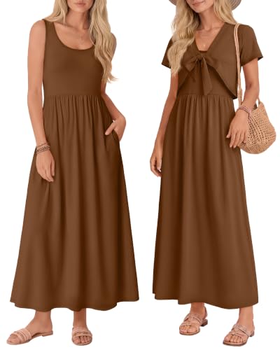 Women's Maxi Sundress Cropped Cardigan Set - color: Brown, size: Large