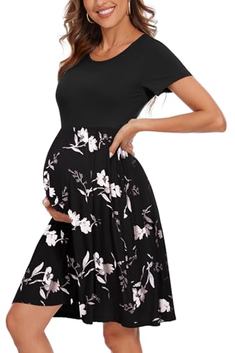 Women's Short Sleeve Maternity Dress Patchwork Pregnancy Clothes with Pockets - color: Black-black White Jasmine, size: Large