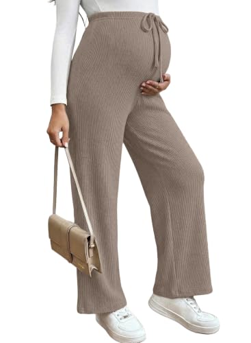 BLENCOT Maternity Pants Casual Stretchy Wide Leg Pregnancy Trousers - color: Dune, size: Large