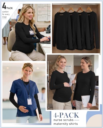 Locoowai 4 Pack Long Sleeve Maternity Underscrub Tops for Nurses - color: Black, size: Large