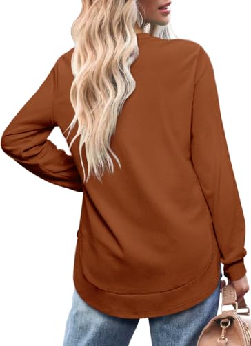 OFEEFAN Womens Sweatshirt Crewneck Long Sleeve Shirts High Low Tops Curved Hem - color: D-caramel, size: Small