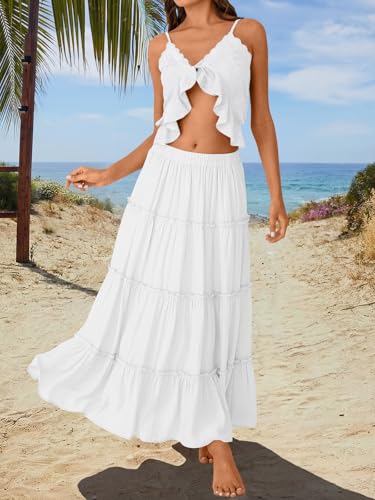 Trendy Queen Maxi Skirts for Women Boho Skirt with Pockets Summer Outfits - color: White, size: X-Large
