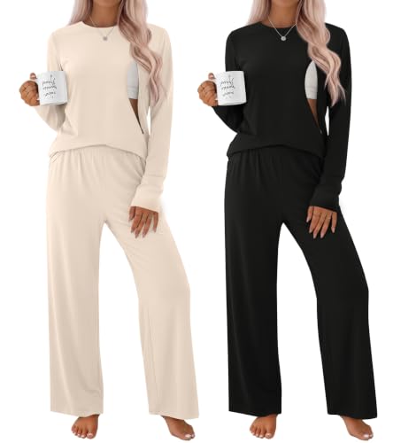 2 Pack Maternity Nursing Pajamas Set - color: Beige, Black, size: Medium