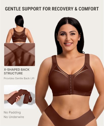 FeelinGirl Front Closure Post Surgery Compression Bra with Adjustable Straps Wireless Breast Augmentation Post Op Bras - color: Brown, size: Small