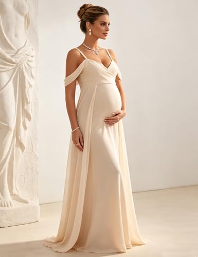 Maternity Maxi Dress Off Shoulder Strap Chiffon Baby Shower Gown - size: Small
