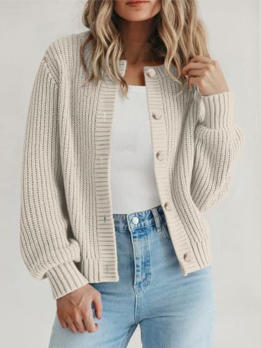 PRETTYGARDEN Women's Chunky Knit Button Up Cardigan Sweaters Outerwear - color: Beige, size: Large