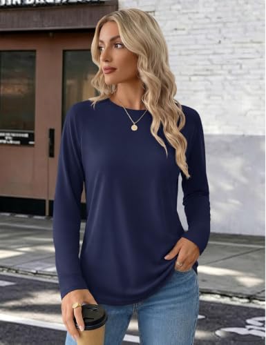 YUCOLEN Women's Long Sleeve Shirts Crew Neck Casual Cotton Basic Tee - color: Blue, size: X-Large