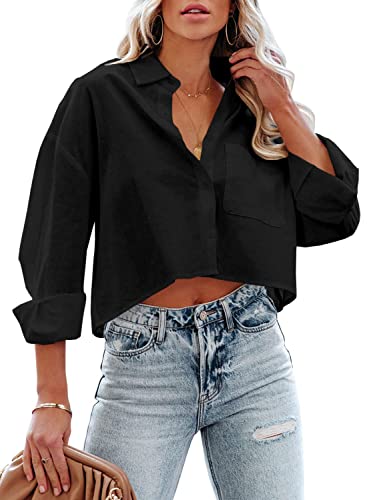 LAYOGAS Womens Crop Button Down Shirts Casual Long Sleeve Lapel Blouse - color: 02-black, size: Medium