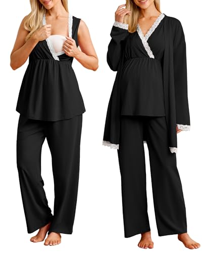 OUGES Womens Cotton Blend Maternity Nursing Robe Set 3 PCS Postpartum 3 in 1 Labor Delivery Hospital Pjs Tank Top & Pants - color: Black, size: Small