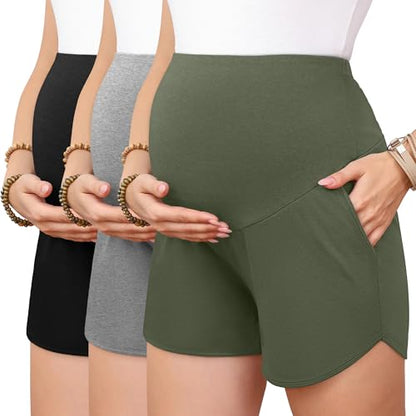 3 Pack Women's Maternity Shorts - color: Army Green, Light Grey, Black, size: XX-Large