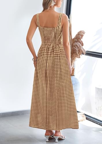 PRETTYGARDEN Women's Summer Gingham Maxi Long Dress - color: Coffee, size: Medium