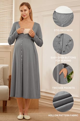OUGES Cotton Blend Maternity Pajamas Nightgown Button Down Nursing Gown Labor Delivery Breastfeeding Dress with Pockets - color: Grey, size: Small