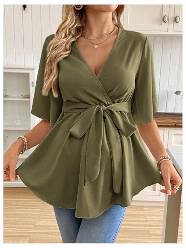 MakeMeChic Women's Maternity Nursing Blouse Wrap Belted Pregnancy Shirt - color: Dark Green, size: Medium