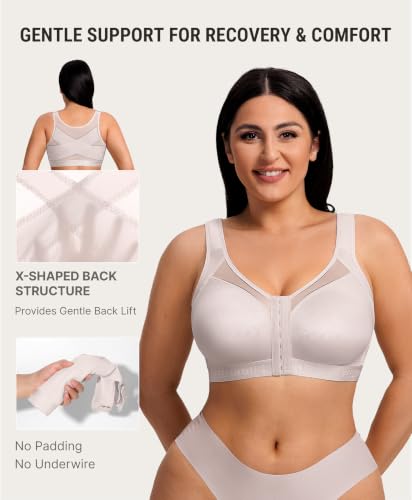 FeelinGirl Front Closure Post Surgery Compression Bra with Adjustable Straps Wireless Breast Augmentation Post Op Bras - color: Gray, size: X-Large