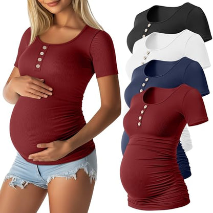 4 Pack Maternity Shirts for Women - color: Black, White, Navy Blue, Wine Red, size: Large