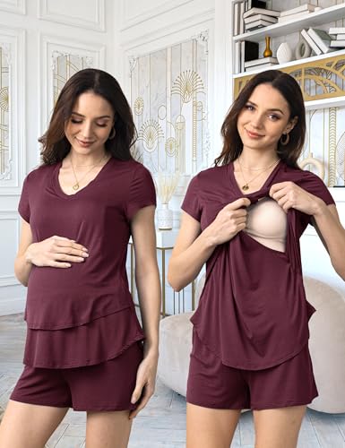 SUNNYBUY 3 PCS Maternity Breastfeeding Pajamas Set with Hidden Nursing Top - color: Burgundy, size: Small