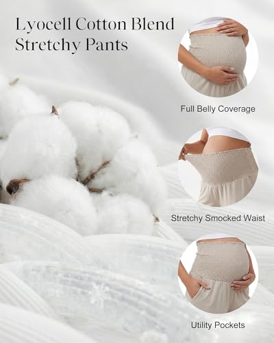 OUGES Womens Lyocell Cotton Maternity Pants Over Belly Smocked Waist Stretchy Casual Wide Leg Palazzo Pants with Pockets - color: Khaki, size: Large