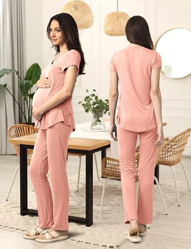 SUNNYBUY 3 PCS Maternity Breastfeeding Pajamas Set with Hidden Nursing Top - color: Pale Pinkish Purple, size: Medium