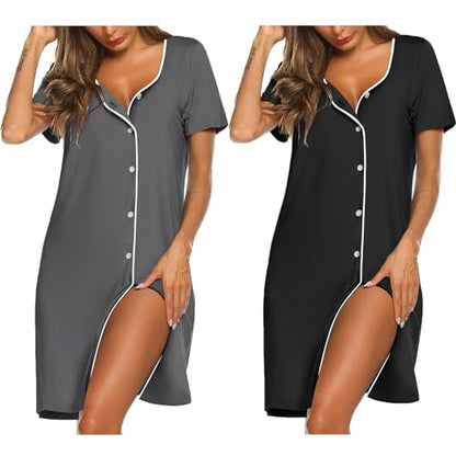 Ekouaer Nightgowns for Women 2 Pack Night Gowns Button Down Sleep Shirts - color: Black/Grey, size: Medium