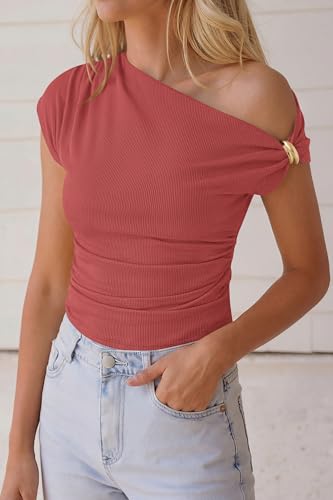 PRETTYGARDEN Womens Summer Off The Shoulder Crop Tops - color: Bean Paste Red, size: X-Large