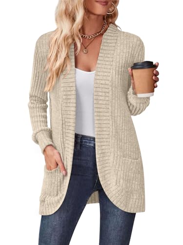 DB MOON Womens Long Cardigan Sweater Lightweight Open Front Long Sleeve Outfits with Pockets - color: Beige, size: Medium