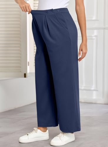 BLENCOT Maternity Pants Work Waffle Knit Wide Leg Pregnancy Trousers - color: Navy Blue, size: Medium