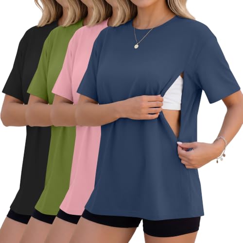 4 Pack Nursing Breastfeeding Shirts - color: Haze Blue, Pink, Olive Green, Black, size: Medium