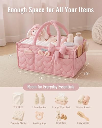 Blissful Diary Baby Diaper Caddy Organizer, Heart-Quilted, Light Pink - color: Heart Light Pink