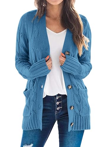 PRETTYGARDEN Women's Cable Knit Cardigan Sweaters Fall - color: Blue, size: Medium