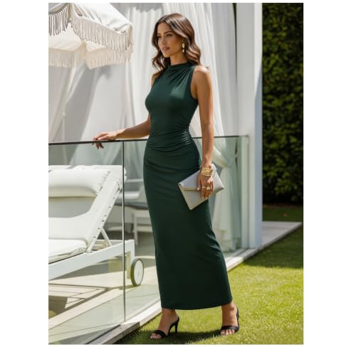 Bluetime Women's Ruched Bodycon Maxi Dresses Sleeveless Slim Fit Summer Dress Elegant Cocktail Slit Wedding Guest Dress - color: Army Green, size: Large