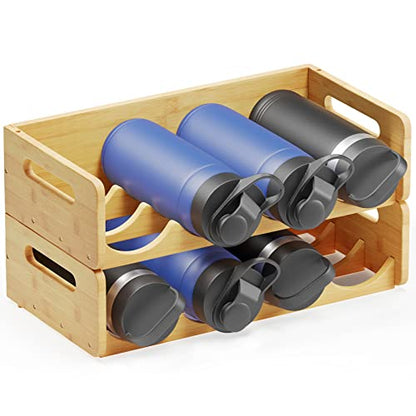 SpaceAid Bamboo Water Bottle Organizer with Labels, Kitchen Pantry Water Bottle Storage Rack for Cabinets, Home Cup and Wine Bottle Holder Shelf Organizers, 2 Pack 4-Slot, Hold 8 Bottles - size: 8 Bottles