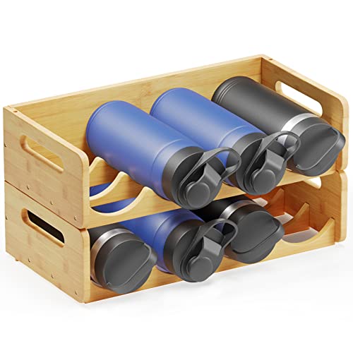 SpaceAid Bamboo Water Bottle Organizer with Labels, Kitchen Pantry Water Bottle Storage Rack for Cabinets, Home Cup and Wine Bottle Holder Shelf Organizers, 2 Pack 4-Slot, Hold 8 Bottles - size: 8 Bottles