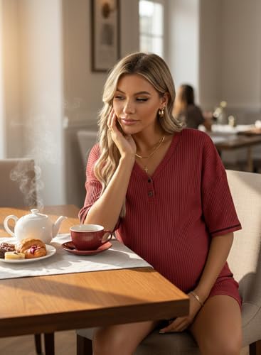 BLENCOT Maternity Pajamas Nursing Set Shorts Pregnancy Pj Sets - color: Red Dahlia, size: X-Large