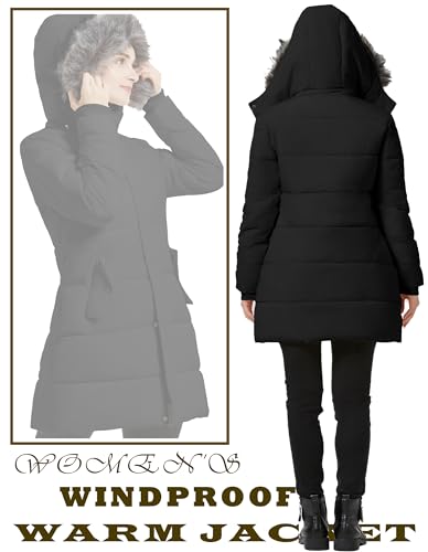GGleaf Women's Winter Thicken Puffer Coat (Standard & Plus Size) Warm Snow Jacket with Fur Removable Hood - color: Black, size: Medium