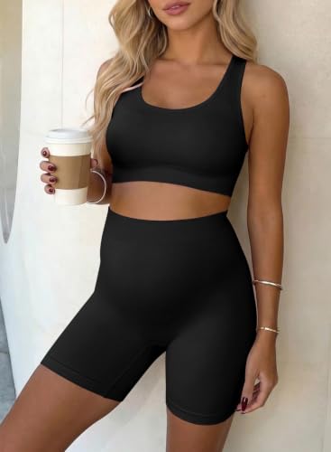 BLENCOT Maternity Workout Sets Pregnancy Yoga Ribbed Tank Tops with Bra - color: Black, size: Small