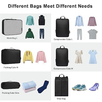 Bagail Ultralight Compression Cubes 7 Set - 3 Packing Cubes, 3 Organizers, and 1 Shoe Bag - color: The Black, style: Cloth Pattern