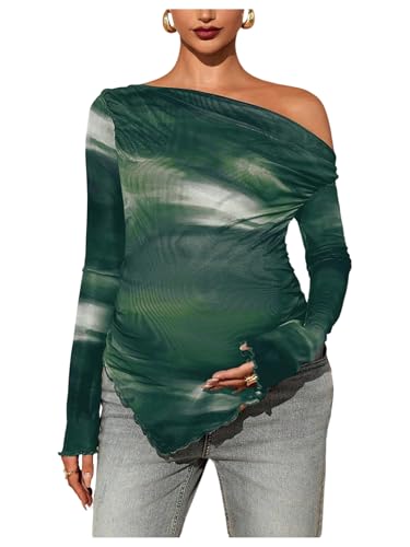 RoseSeek Women's Maternity Off The Shoulder Asymmetrical Tops Mesh Shirts - color: Green, size: Large