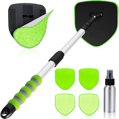 XINDELL Inside Windshield Cleaner Tool, 20.8–29.9 Inch Extendable Car Window Cleaning Kit with 360° Rotating Head, 5 Reusable Press-On Pads and Spray Bottle for SUV and Truck - color: Green