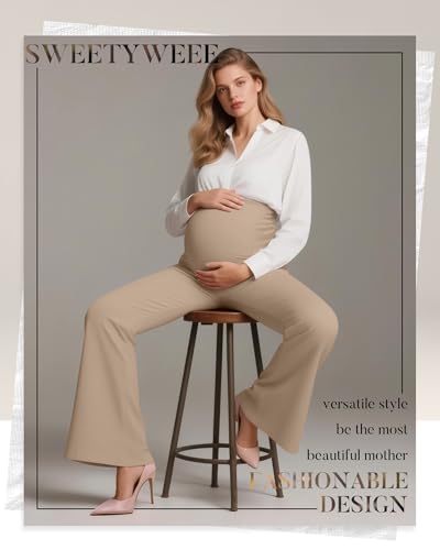 3 Pack Women's Maternity Pants Comfy Flare Trousers - color: Black, Charcoal Gray, Khaki, size: Small