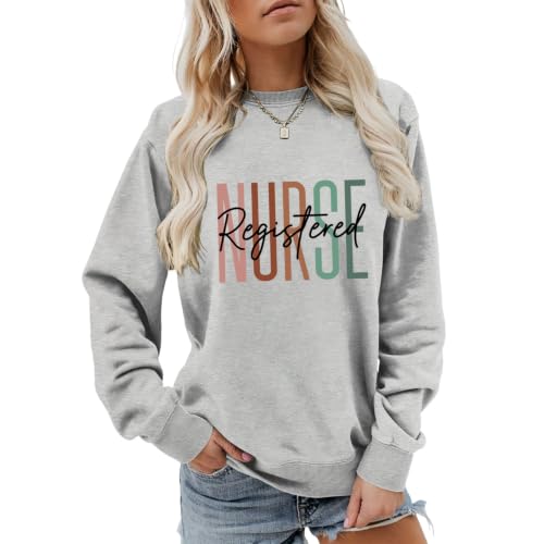 Registered Nurse Sweatshirt Women RN Nurse Life Crewneck Pullover - color: Grey, size: Large