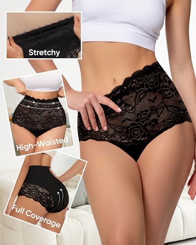 Women's High Waisted Underwear Lace Panties Full Coverage 4 Pack - color: Black, size: XX-Large
