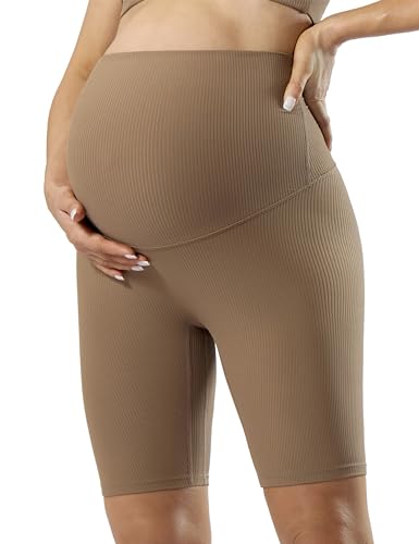 POSHDIVAH Ribbed Maternity Biker Shorts for Women 5"/8" - color: Brown 8", size: Large