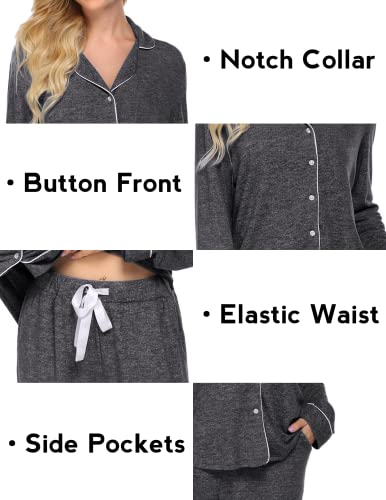 Ekouaer Women's Pajamas Long Sleeve Loungewear Casual Button Down Pjs - color: Dark Grey, size: X-Large