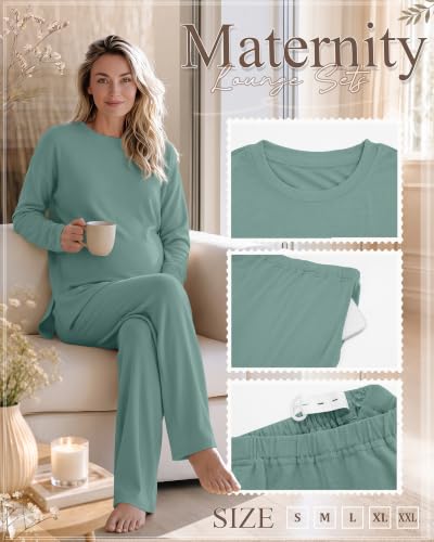 Huukeay 2 Pack Maternity Long Sleeve Pajamas Sets - color: Gray Green, Khaki, size: Small