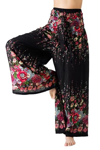 B BANGKOK PANTS Women's Boho Palazzo Pants - color: Black Flowers, size: One Size