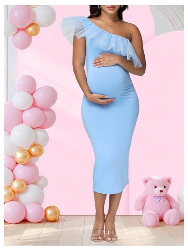 OYOANGLE Women's Maternity Ruffle One Shoulder Dress Bodycon Midi Dresses - color: Light Blue, size: Small