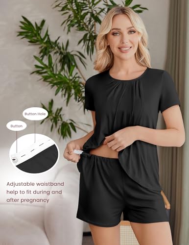 Ekouaer Women's Maternity Nursing Pajamas Set Breastfeeding Sleepwear Pjs - color: A-black, size: Medium