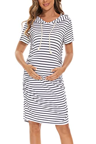 Women's Maternity Hoodie Dress Short Sleeve Split Side Ruched Pregnancy Clothes - color: White Navy Stripe, size: XX-Large