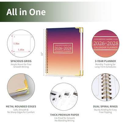 Monthly Calendar Planner 2026-2028, 3 Years Organizer, 9" x 11" - color: Sunset（ Jan 2026 - Dec 2028）
